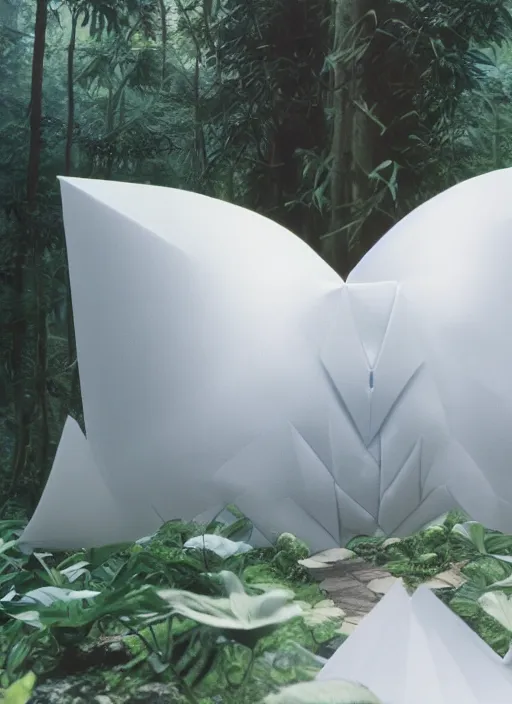 Image similar to totoro film still zaha hadid forests scene with a full still life seinen manga commercial photo of real - life origami plant, perfect eyes, cinestill, 8 k