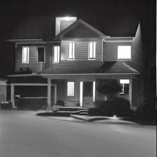 Image similar to a foggy high flash photo of a suburban home from the street at night, 2 0 0 6, taken with a disposable camera