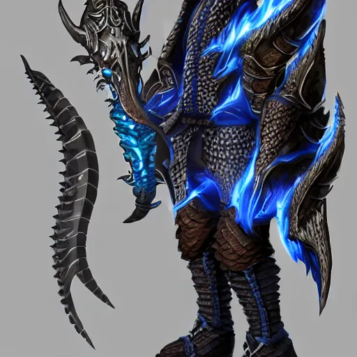 Image similar to a dark blue dragonborn with large tusks, half of his face flaming with blue flame, he wears a black dragon scales armor, large black boots and brown pants, digital art