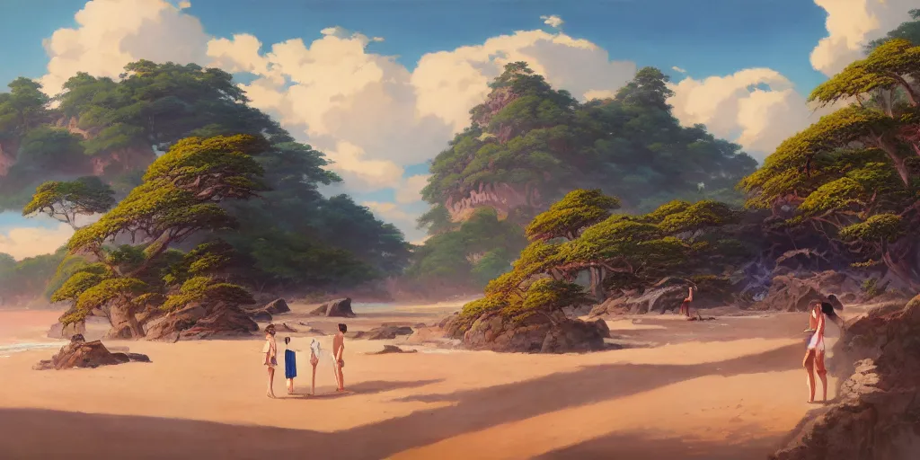 Prompt: a picturesque Japanese beach, extremely detailed oil painting, unreal 5 render, rhads, Bruce Pennington, Studio Ghibli, tim hildebrandt, digital art, octane render, beautiful composition, trending on artstation, award-winning photograph, masterpiece