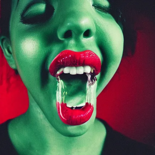 Image similar to medium shot open human mouth with thick viscous green liquid pouring out, thick red lips, human staring blankly ahead, melancholy, unsettling, art house film aesthetic, color grain 3 5 mm, hyperrealism