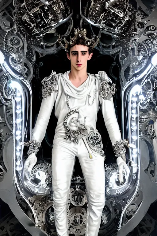 Image similar to full-body rococo and cyberpunk style neon statue of a muscular attractive Timothée Chalamet macho dotado e rico android sim roupa reclining con las piernas abertas e la piroca dura, glowing white lasers, glowing eyes, silver prince crown, silver steampunk gears, white diamonds, swirling mint-colored silk fabric. futuristic elements. ethereal white dripping tar. full-length view. space robots. human skulls. large white balloon animals. intricate artwork by caravaggio. Trending on artstation, octane render, cinematic lighting from the right, hyper realism, octane render, 8k, depth of field, 3D