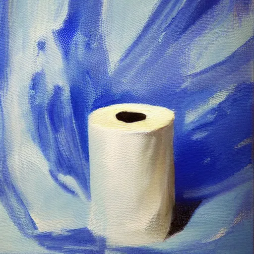 Prompt: a painting of a roll of toilet paper against a dark blue background, impressionist painting