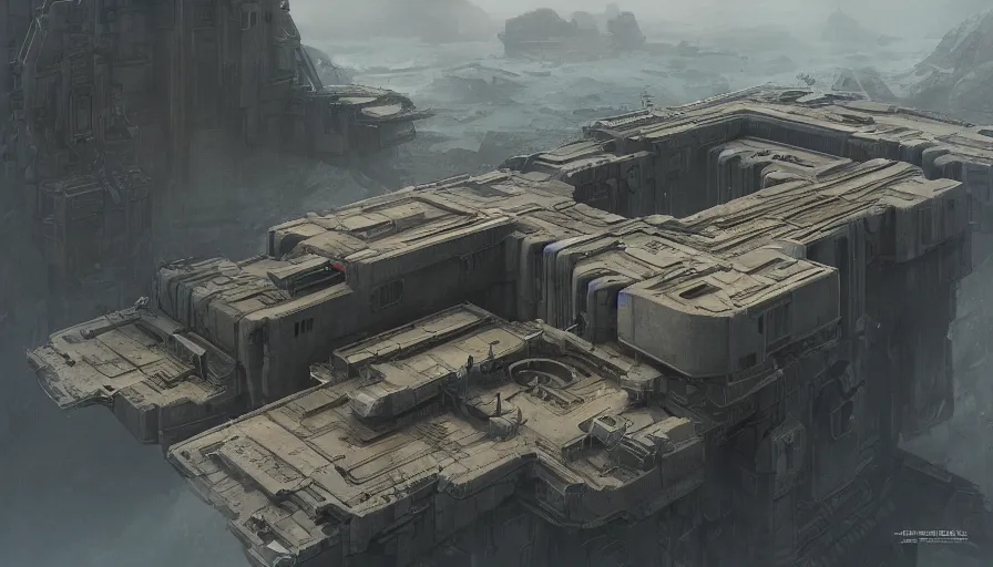 Image similar to imperial base, island, very long shot, up shot, by james gurney, greg rutkowski, drawing architecture, brutalist, highly detailed digital art, artstation, greig fraser