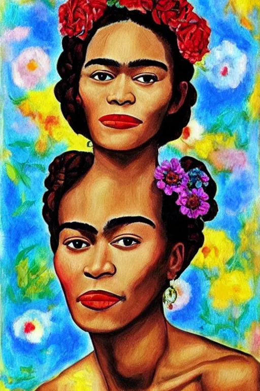 Prompt: Whitney Houston in Frida Kahlo painting style