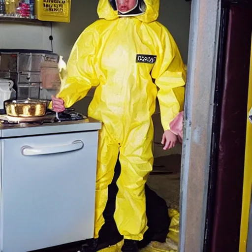 Prompt: veronica lodge cooking meth in a yellow hazmat suit, still from breaking bad