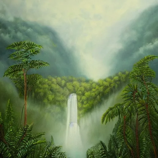 Prompt: a painting of a rainforest with a huge waterfall, misty mountains in the background, ferns in foreground