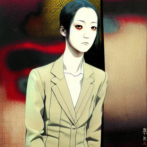 Prompt: yoshitaka amano blurred and dreamy realistic three quarter angle portrait of a young woman with black eyes wearing dress suit with tie, junji ito abstract patterns in the background, satoshi kon anime, noisy film grain effect, highly detailed, renaissance oil painting, weird portrait angle, blurred lost edges