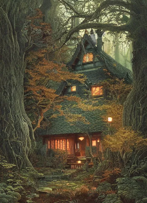 Image similar to hyper realistic witch cottage japanese shrine in the woods gorgeous lighting, highly detailed, lush forest painting by zdzisław beksinski and norman rockwell and greg rutkowskiweta studio, and lucasfilm