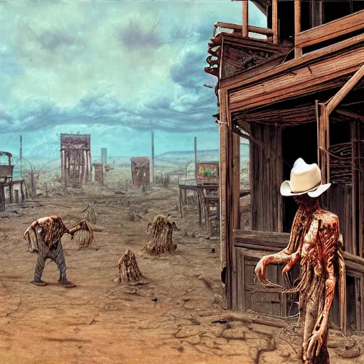 Image similar to a hyperrealistic painting of a westworld ghost town with cowboy pepe the frog teleporting through portals and zombie aliens, apocalyptic desert, cinematic horror by chris cunningham, richard corben, hr giger, highly detailed, vivid color, beksinski painting, part by junji ito and gerhard richter. art by takato yamamoto. masterpiece