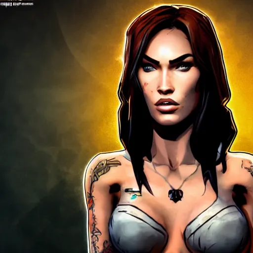 Image similar to megan fox portrait, borderlands, tales from the borderlands, the wolf among us, comic, cinematic lighting, studio quality, 8 k