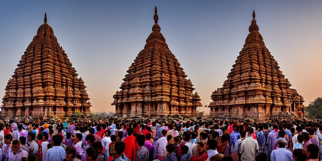 Image similar to an award winning wide angle photo of a giant and intricately carved stone Ghanesha temple, at sunset, punja ritual, crowds of humble worshipers present offerings, beautiful, inspiring