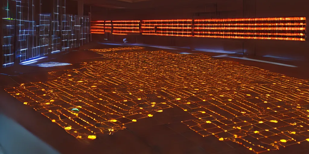 Prompt: 9-track machines made of digital grids and glowing stones with embedded LEDs. amber glowing screens.