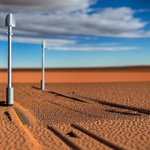 Image similar to mobile camoflaged rugged weather station sensor antenna on tank tracks, for monitoring the australian desert, XF IQ4, 150MP, 50mm, F1.4, ISO 200, 1/160s, dawn