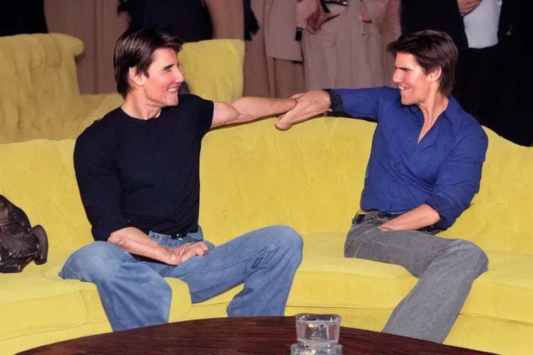 Prompt: tom cruise jumping on oprah yellow couch