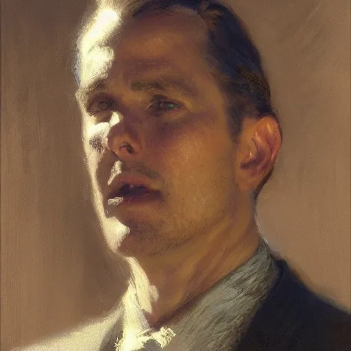 Image similar to detailed portrait of man in black suit, spring light, painting by gaston bussiere, craig mullins, j. c. leyendecker