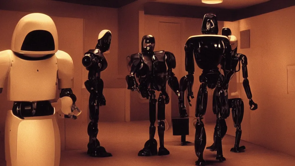 Image similar to movie scene of pulp fiction but with robots, movie still, cinematic composition, cinematic light, by david lynch