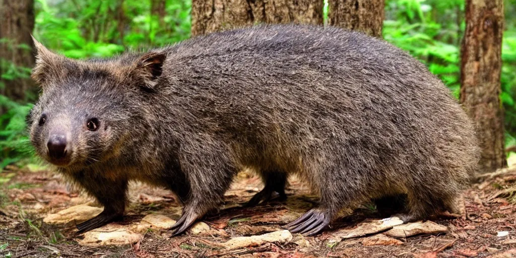 Image similar to a mythical wambot creature, half wombat and half robot, cute, lethal, forest dweller