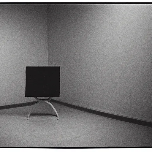 Image similar to a minimalistic filmstill of a readymade object in a museum, empty white room, in the style of Marcel Duchamp