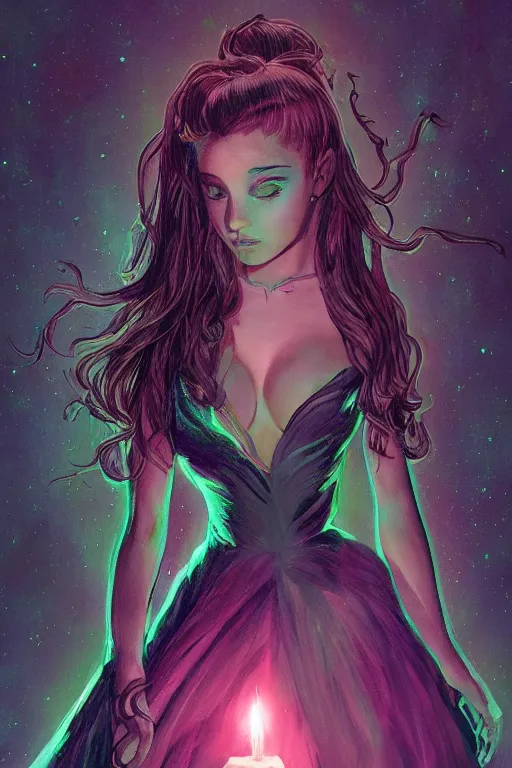 Prompt: ink witch ariana grande, art by frank kelly & michael bohme, trending on artstation, bioluminescence closeup view illustrator, american romanticism, very very elegant, 4 k hd