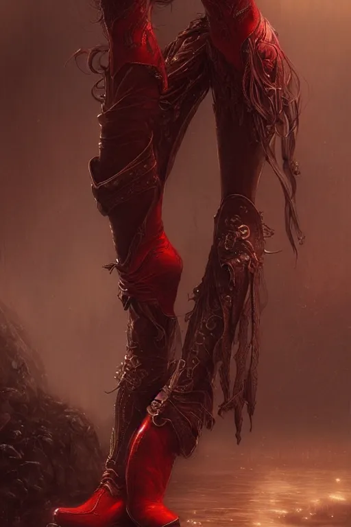 Image similar to red women's boots, shoes only, by wlop, by luis royo, by peter mohrbacher, concept art, digital illustration, intricate, masterpiece, elegant, super detailed, unreal engine rendering, smooth, sharp focus, artstation hq