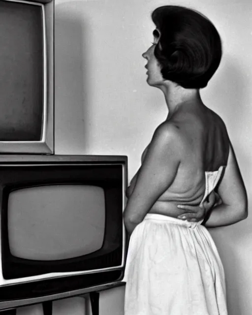 Prompt: a woman staring angrily into old TV, black-and-white photo, 1960s, hyperrealistic, old photo