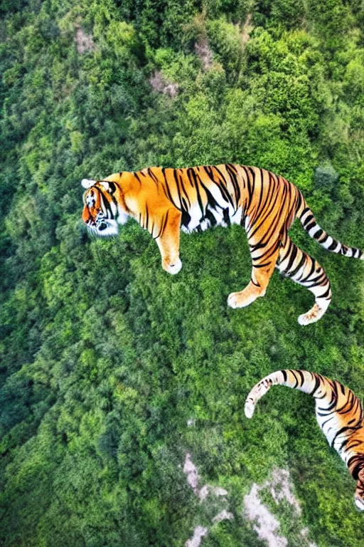 Image similar to realistic tiger doing a bungee jump. the tiger is suspended by a large parachute. the parachute is open. the tiger is is the middle of the air. the tiger is jumping from a mountain cliff. photo captured by a drone. wide angles lens. epic