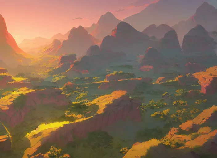 Image similar to concept art painting of a distant valley village from above, early morning, cel shaded, by makoto shinkai and moebius and anton fadeev and james gurney