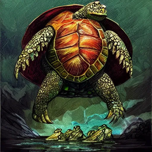 Image similar to a turtle monster ,chalk digital art, fantasy, magic, trending on artstation, ultra detailed, professional illustration by Basil Gogos