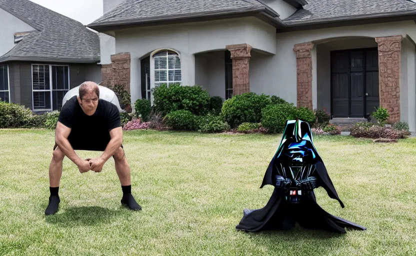Prompt: Darth doing pushups in front of his house, 8k