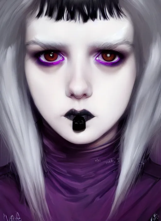 Image similar to portrait of white teenage girl, normal face, black bangs, mall goth, cyberlox, black and white hair, bangs, fluffy bangs, red contacts, purple lipstick, intricate, elegant, highly detailed, digital painting, artstation, concept art, sharp focus, smooth, illustration, art by wlop, mars ravelo and greg rutkowski