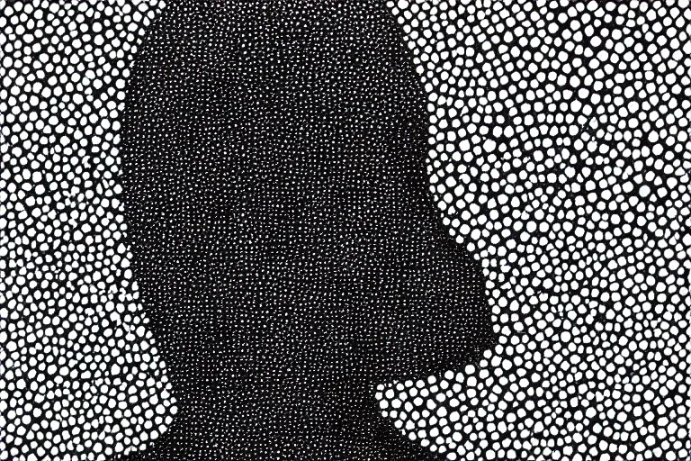 Image similar to teeth, smile, faceless people dark, dots abstract, dripping, stipple, pointillism, technical, abstract, minimal, style of francis bacon, asymmetry, pulled apart, stretch, cloak, eerie, made of dots, abstraction chemicals, balaclava mask, colored dots, sploch