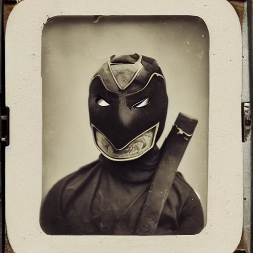 Image similar to tintype photographs of superheroes, masked wrestlers, monster hunters, technowizards