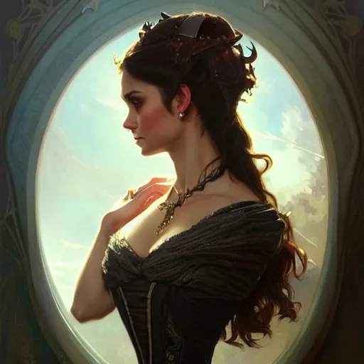 Image similar to Nina Dobrev dressed in a victorian fashion, D&D, fantasy, intricate, elegant, highly detailed, digital painting, artstation, concept art, matte, sharp focus, illustration, art by Artgerm and Greg Rutkowski and Alphonse Mucha