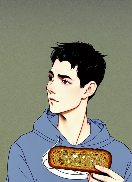 Prompt: well - lit art nouveau portrait of a young man with short black hair, very light blue eyes, pale skin, serious expression, jeans, black hoodie, eating a slice of plain wholegrain bread, natural lighting, path traced, highly detailed, high quality, cartoon, digital painting, by don bluth and ross tran and studio ghibli and alphonse mucha