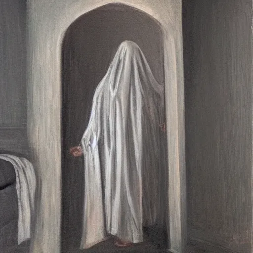 Image similar to ominous bedsheet ghost standing in the corner of a bedroom, oil painting, brush strokes, highly ornate intricate detail, gloomy mood,