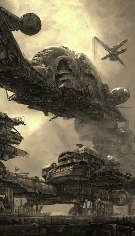 Prompt: a beautiful highly detailed matte painting of a huge derelict USA air carrier:: Space Hulk, WarHammer 40k by Jose Daniel Cabrera Pena and Leonid Kozienko::concept art