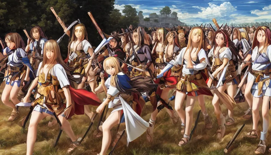 Image similar to jesus christ our lord leading an army of anime girls into battle, photorealistic, anime, mini skirt, long hair, renaissance painting, hyper real, detailed, closeup shot, ultra detailed