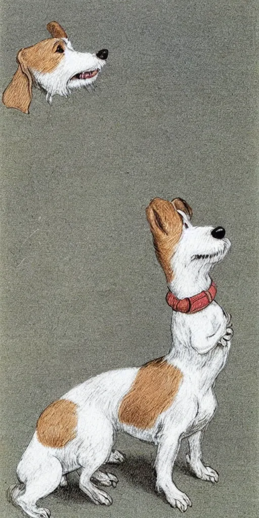 Image similar to jack russel dog, highly detailed, side view, howling!!!, illustrated by peggy fortnum and beatrix potter and sir john tenniel