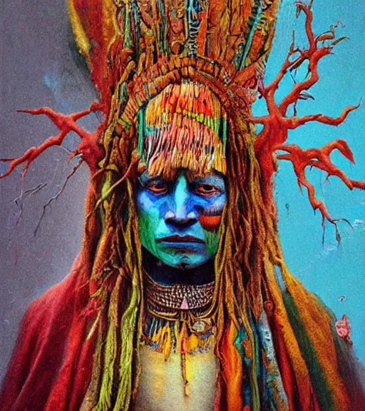 Image similar to Portrait painting in a style of Beksinski mixed with Alex Grey of an old shaman dressed in a colorful traditional clothes. Very psychodelic