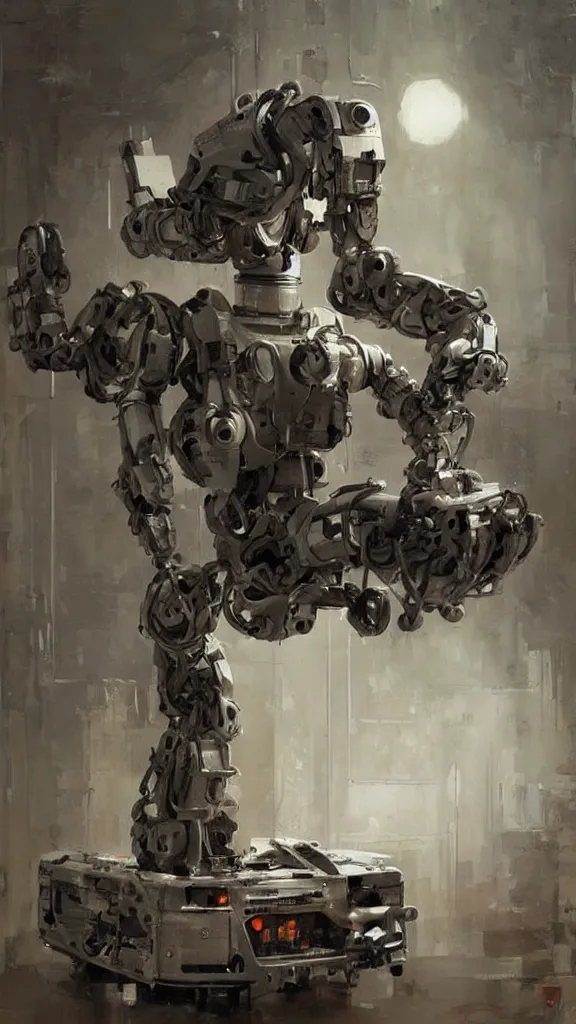 Image similar to robot painting a robot on canvas, intricate, highly detailed, photorealistic, film still, by greg rutkowski.