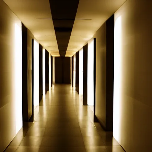 Image similar to a dark and recursive hallway with many doors, with a heavenly glow