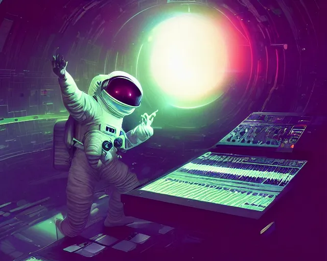 Prompt: an astronaut in a recording studio, looking at a glowing computer screen, using roland tr - 8 0 8, zero - gravity, [ everything is floating ]!!!, illustrated by greg rutkowski, [ digital art, synthwave art style ]!!