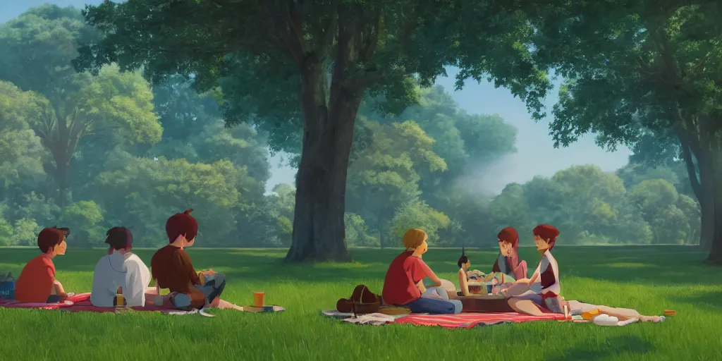 Image similar to a film still of a picknick in the park, medium shot, waist up, wes anderson, studio ghibli, pixar and disney animation, sharp, rendered in unreal engine 5, anime key art by greg rutkowski, bloom, dramatic lighting