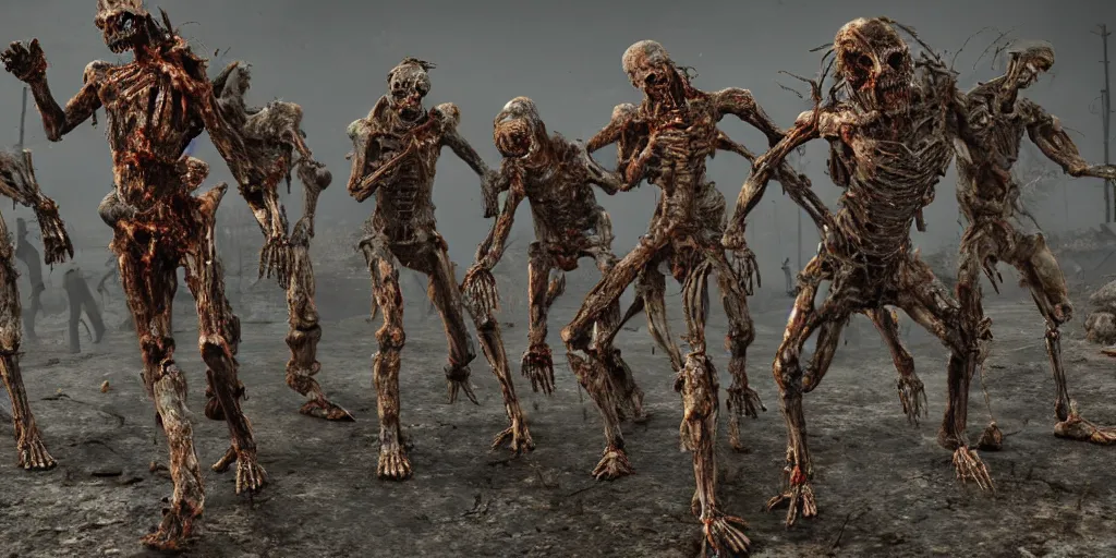 Prompt: humanoid metal endoskeletons partially covered in flesh, fighting undead zombies, post apocalyptic, scorched earth, detailed, unreal engine, realistic, detailed, sweat, dramatic lighting, cinematic