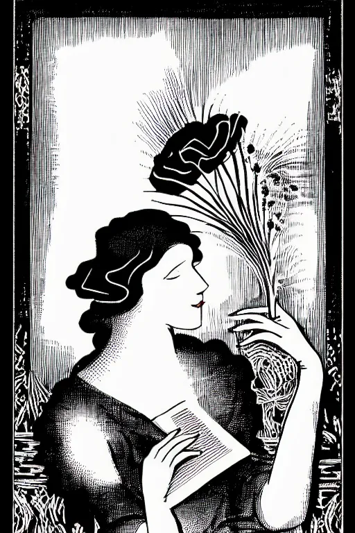 Prompt: art deco woman reading a love note art by james o barr and albrecht durer, surreal woodblock print, black and white, vector, vector art