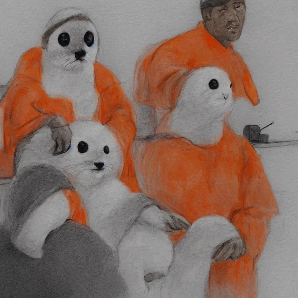 Image similar to a baby harp seal in an orange prisoner jumpsuit, dressed as a prisoner, sitting next to his lawyer in court, courtroom sketch