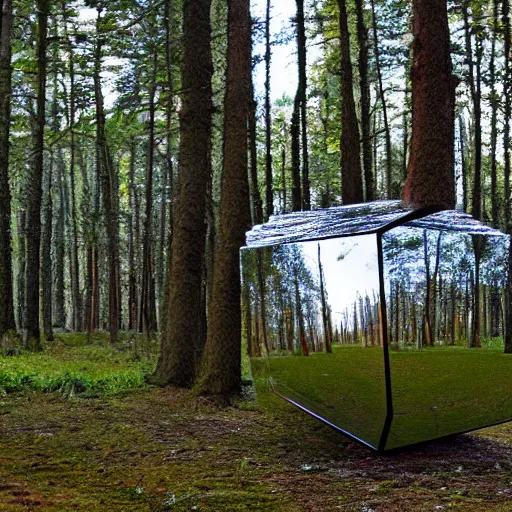 Prompt: a mirrored cube sits in a forest