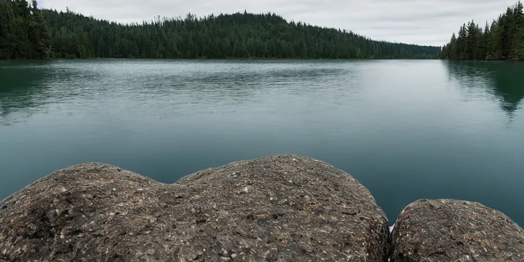 Prompt: centered photograph rope of a single thick long rope winding across the surface of the water into the distance, rope floating submerged rope stretching out towards the center of the lake, a dark lake on a cloudy day, color film, tiny rock shore foreground and trees in the background, hyper - detailed photo, anamorphic lens