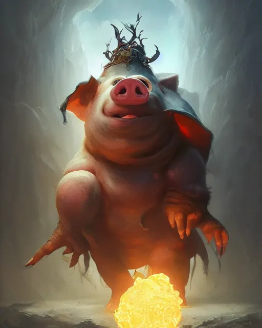 Image similar to oil painting of a Anthropomorphized pig casting an epic spell, sharp focus, heroic pose, fantasy style, octane render, volumetric lighting, 8k high definition, by greg rutkowski, highly detailed, trending on art Station, magic the gathering artwork, centered